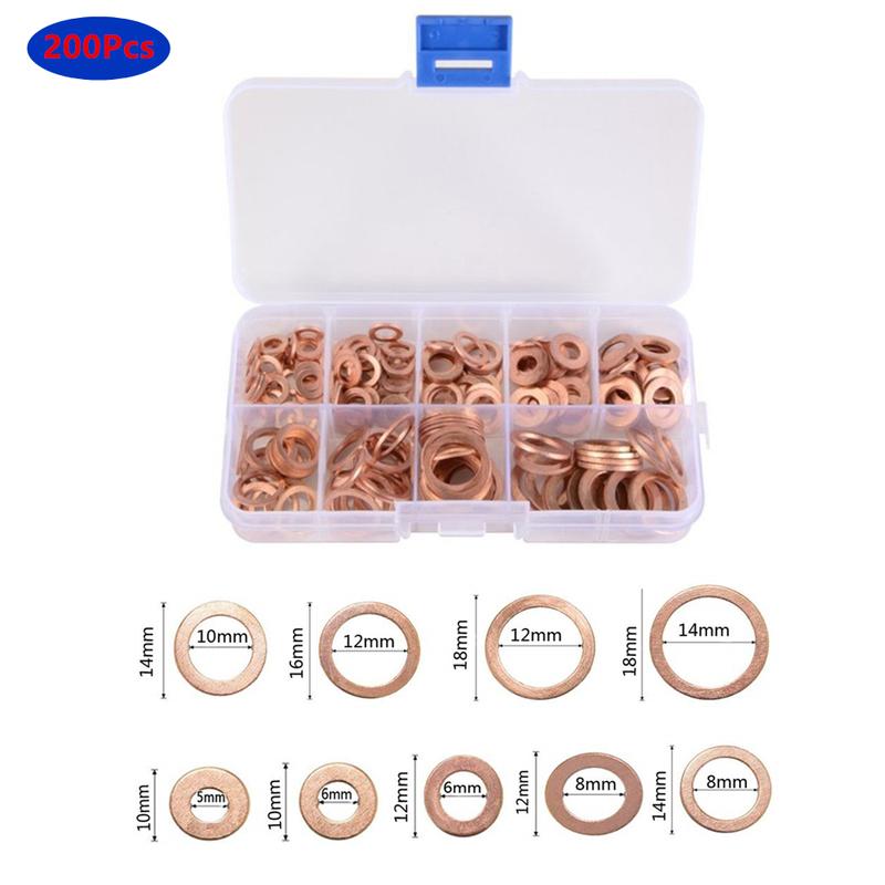 200 Pcs Copper Washer Gasket Nut and Bolt Set Flat Ring Seal Assortment Kit with Box M5/M6/M8/M10/M12/M14 For Sump Plugs Gasket