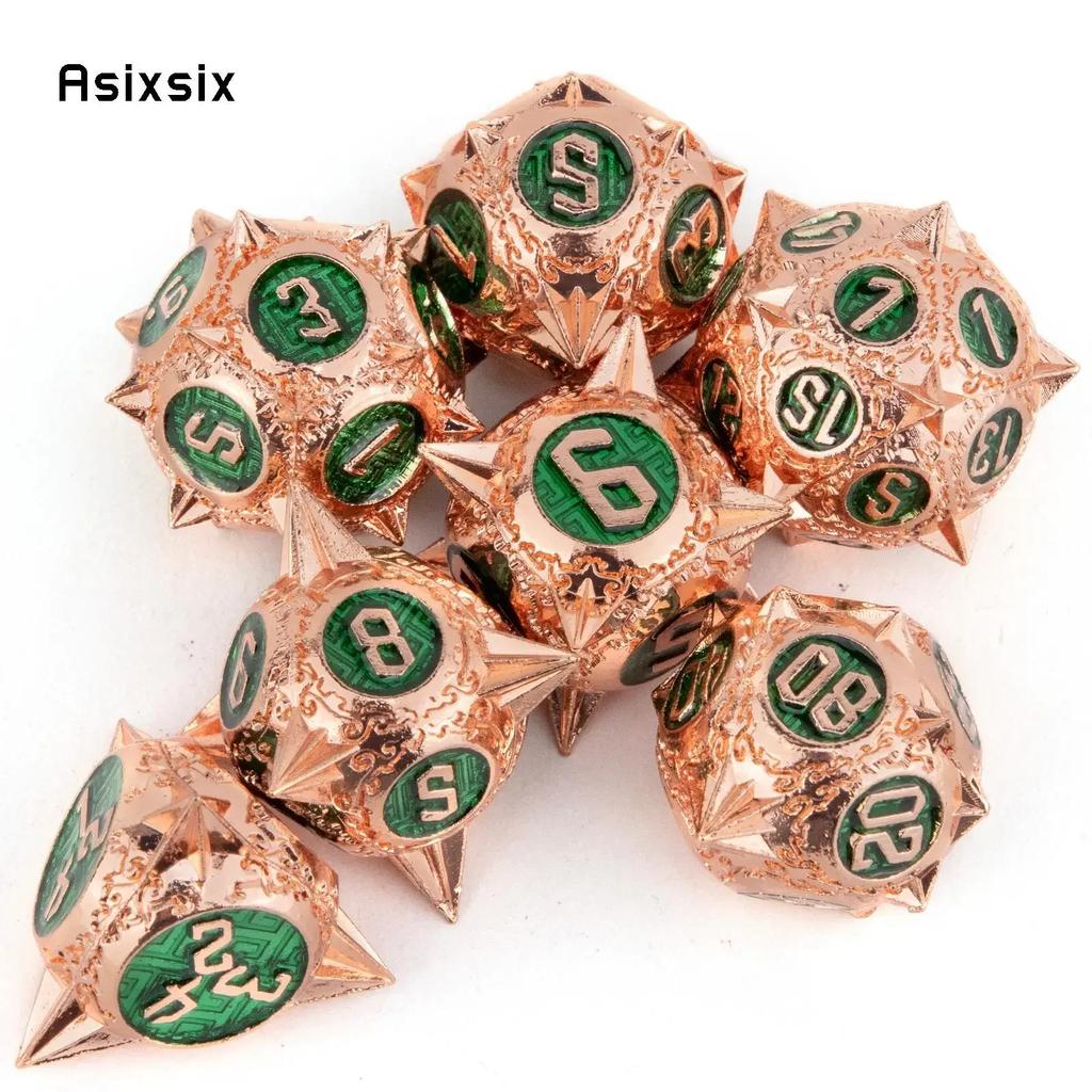 7 Pcs Copper Green Meteor Hammer Metal Dice Solid Metal Polyhedral Dice Set Suitable For Role-Playing Dice PropBoard Game Gift