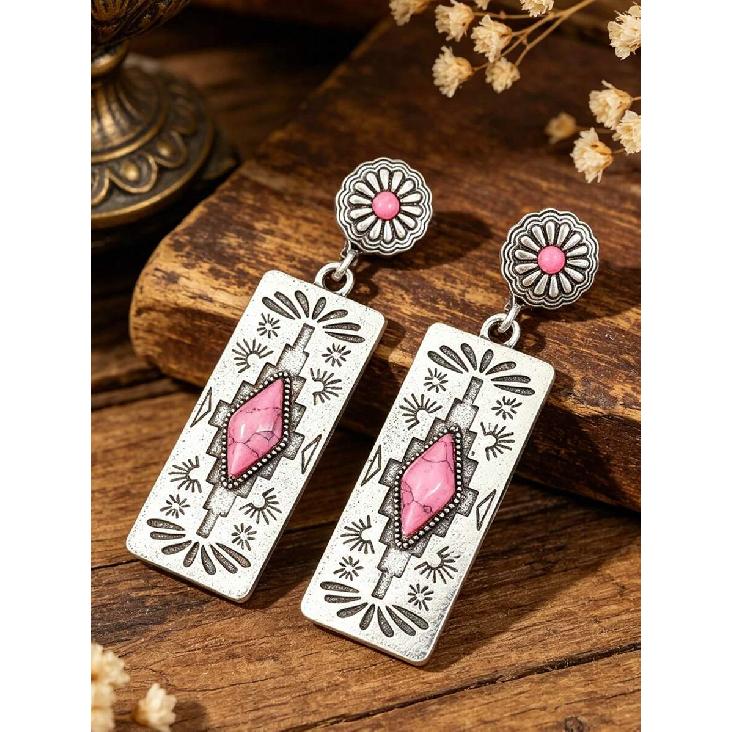 1 Pair Western Style Carved Inlaid Rhombus Artificial Turquoise Rectangular Pendant Earrings, Women's Vintage Jewelry