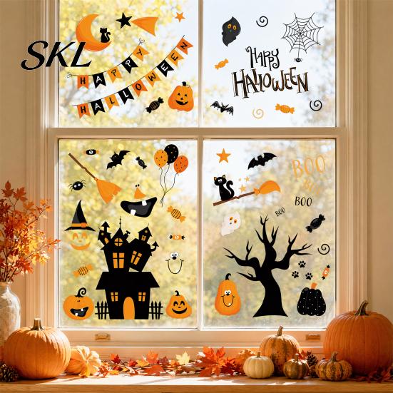Bright Color Halloween Decals 4 Sheets Electrostatic Glass Stickers, Cartoon Pumpkins Castle Bats Window Stickers PVC Waterproof Static Clings