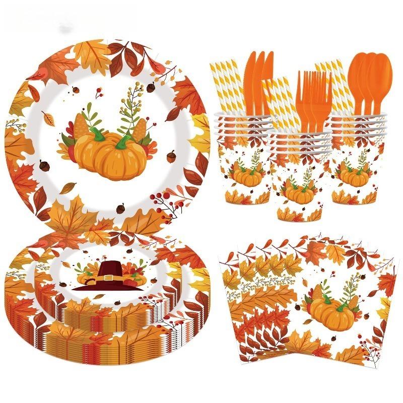 10-20Pcs Thanksgiving Paper Plates Napkins Cups Straw Turkey Pumpkin Fall Harvest Party Decorating Supplies Disposable Tableware