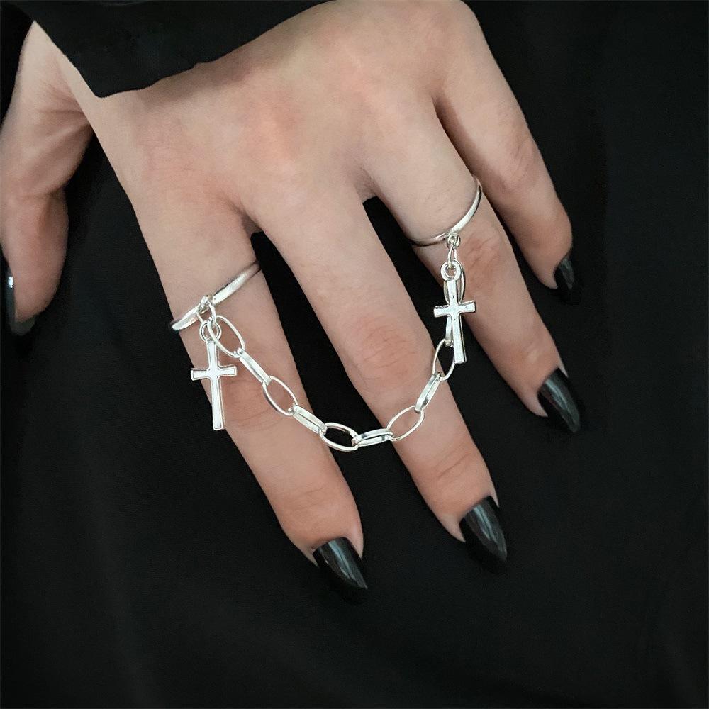 Retro Chain Connected Cross Adjusted Open Ring For Women Punk Gothic Edgy  Trendy Party Cosplay Accessories Unisex Gift