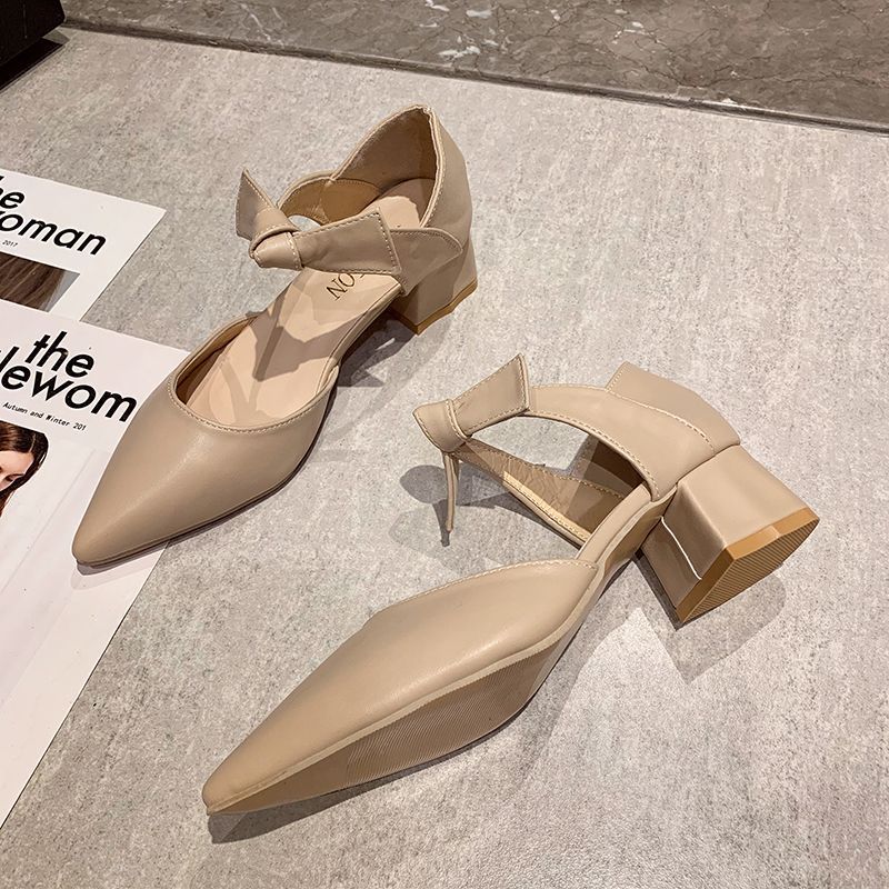 Baotou bow 5cm pointed head hollow high heels women's thick heel 2025 spring and summer new temperament single shoes middle heel