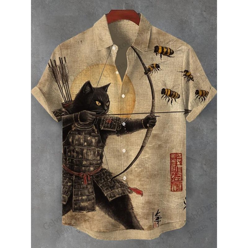 Men's Shirts Warrior Samurai Cat Print Hawaii Beach Shirt For Men 3d Print Hawaiian Shirt Women Fashion Short Sleeve
