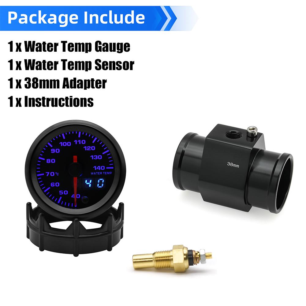 2“ 52mm Water Temperature Gauge 40-140 Celsius 7 Colors Backlight Water Temp Sensor Joint Pipe Sensor Hose Adapter For 12V Car