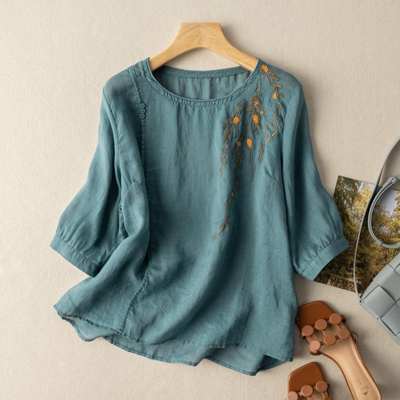 

2025 Новая Ретро Вышитая Хлопково-Льняная Блузка с Рукавами до Локтя для Женщин на Лето, Свободный Омолаживающий Стройнящий Повседневный Темпераментный Топ 2XL синий