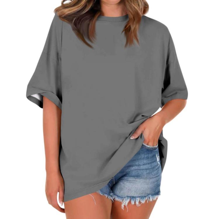 Women Casual Loose T Shirt Round Neck Short Sleeve Falling Shoulder Solid Color Top Ladies Fashion Blouse