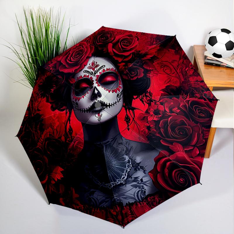 Sugar Skull Rose Umbrella Automatic Open/close, Sturdy Iron Frame & 8-Rib Structure, Umbrella for Women & Men, Christmas Gifts