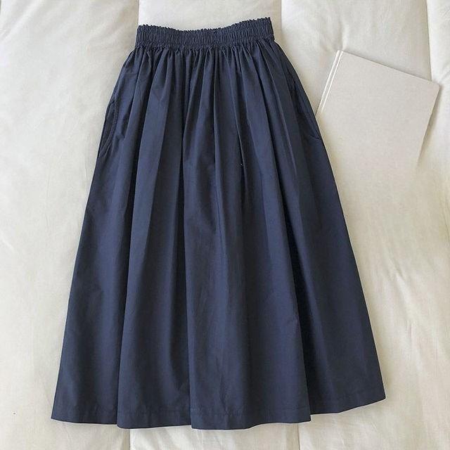 Damen Schwarz Rock Midi Hohe Taille Koreanischer Stil Falten A-Linie Vintage Kleidung Sommer Lässig Mode Damen Arbeitskleidung