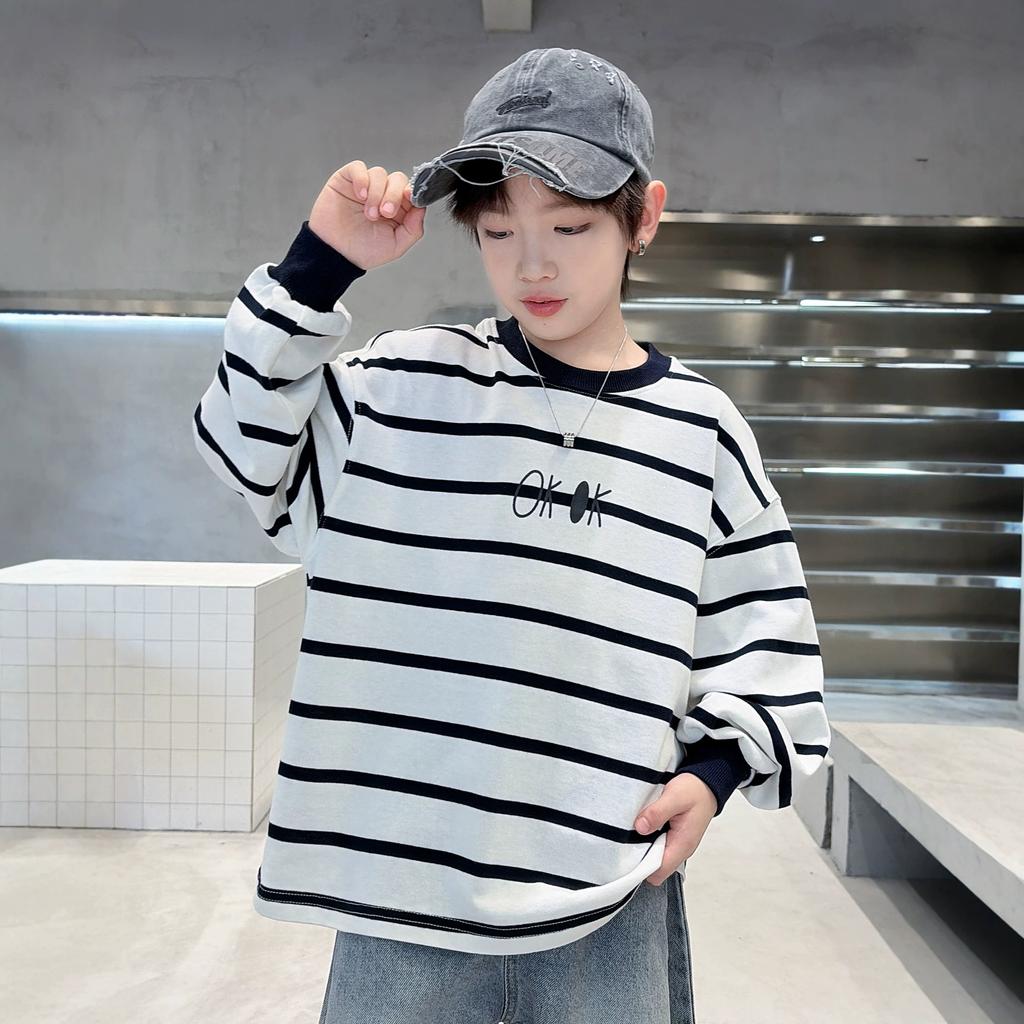 Jungen 100% Baumwolle Gestreiftes Langarm-T-Shirt Große Kinder Freizeit Frühling Herbst Unterhemd