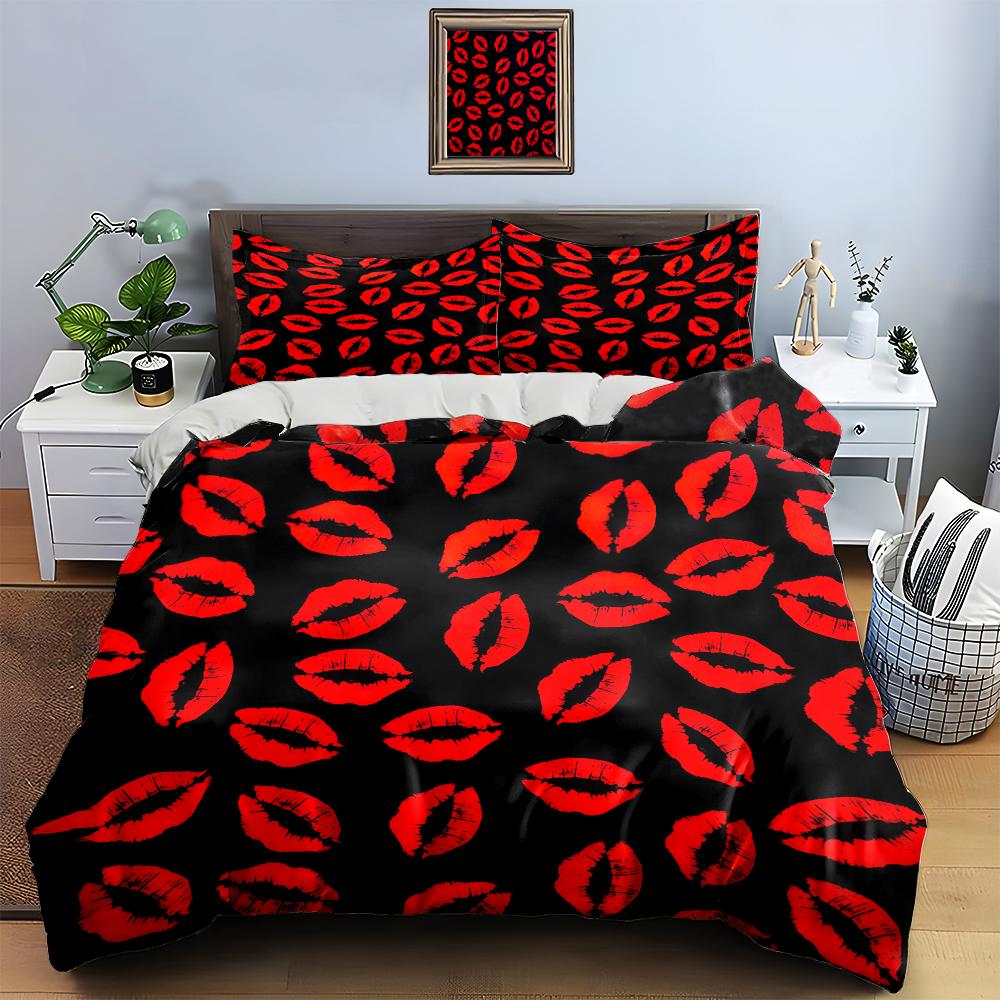 Red lip prints. Bedding Duvet cover sets Duvet covers Pillowcases gifts (1 * Duvet Cover 2 * Pillowcases, without duvet insert)