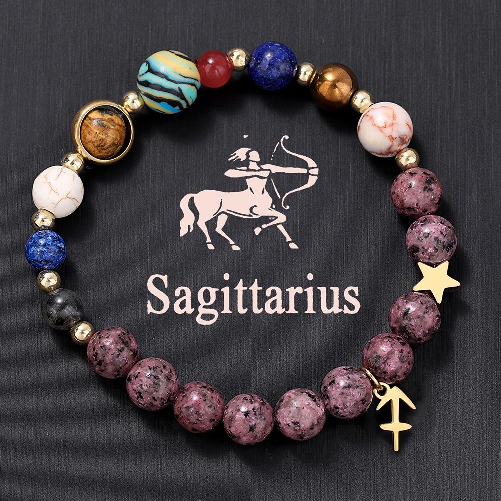 European American Zodiac Basalt Beaded Bracelet with Eight Planets