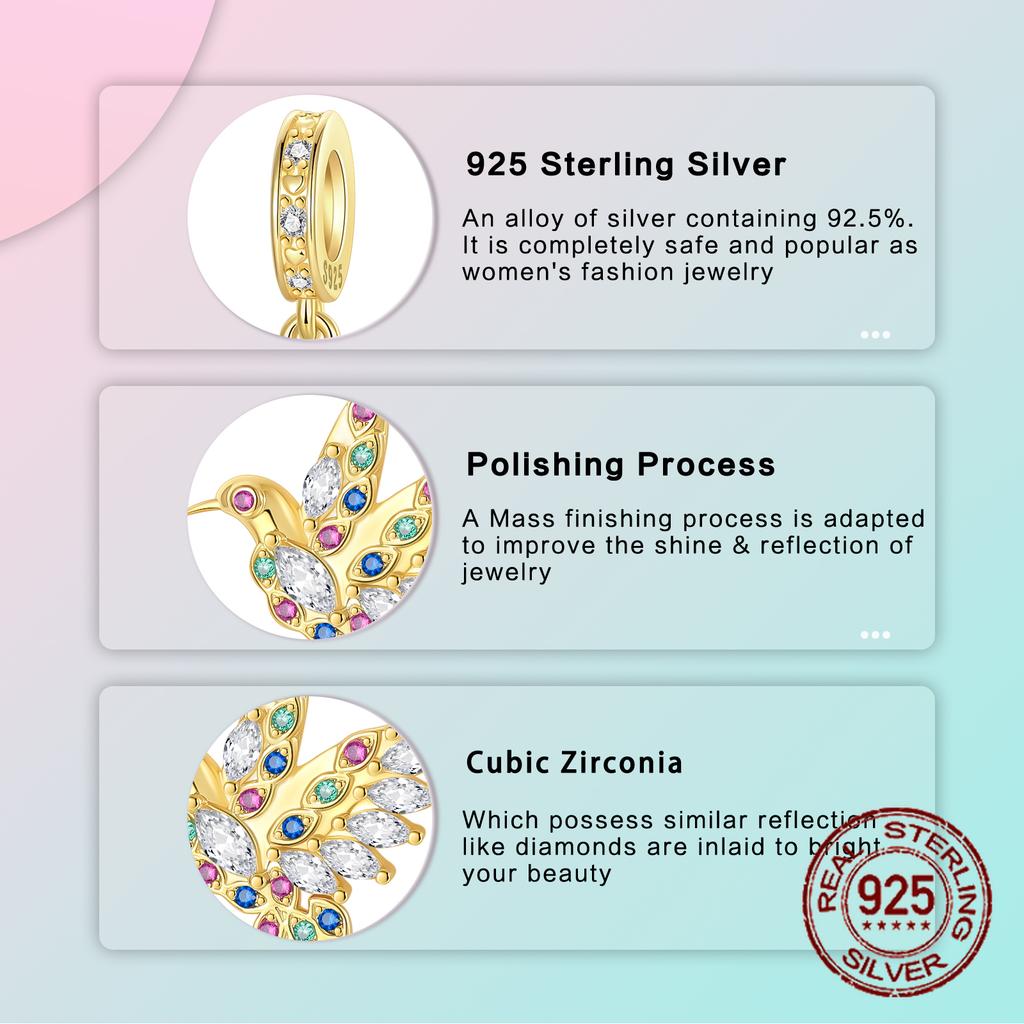 Copper Colored Zircon Golden Hummingbird Pendants Charms Fits Genuine Charms Bracelet Women DoItYourself Jewellery Gifts