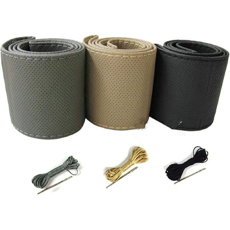 Car Steering Wheel Stitch On Wrap Cover, Universal Car Steering Wheel Cover, Hand Sewing Perforated Microfiber Leather Steering Wheel Cover(Black