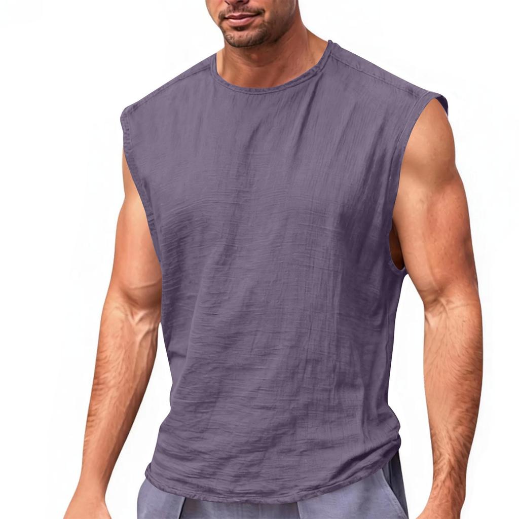 Men's Sleeveless Summer Fitness Running Outdoor Casual Sports Top Cotton-Linen Vest
