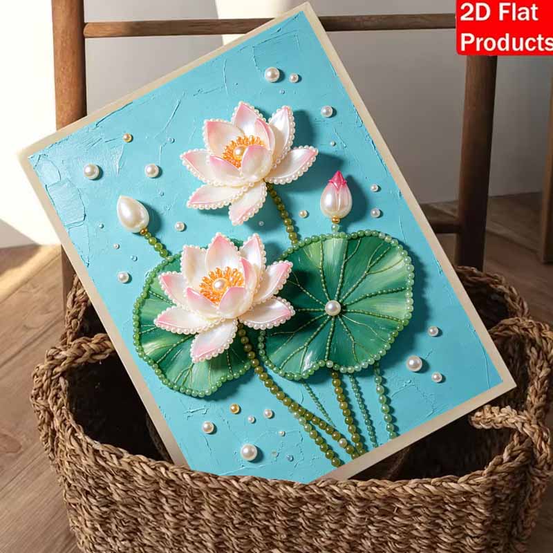 Pearl Painting Art Handmade Pink White Lotus Flower Lily Pad Pond Water Garden Floral Wall Decor DIY Pearl Decoration Painting
