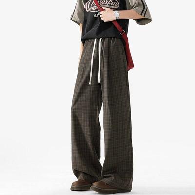 Dongjie Nologo Summer Plaid Design Straight-Leg Casual Pants for Men Buttbill High-End Studio Large Size Wide-Leg