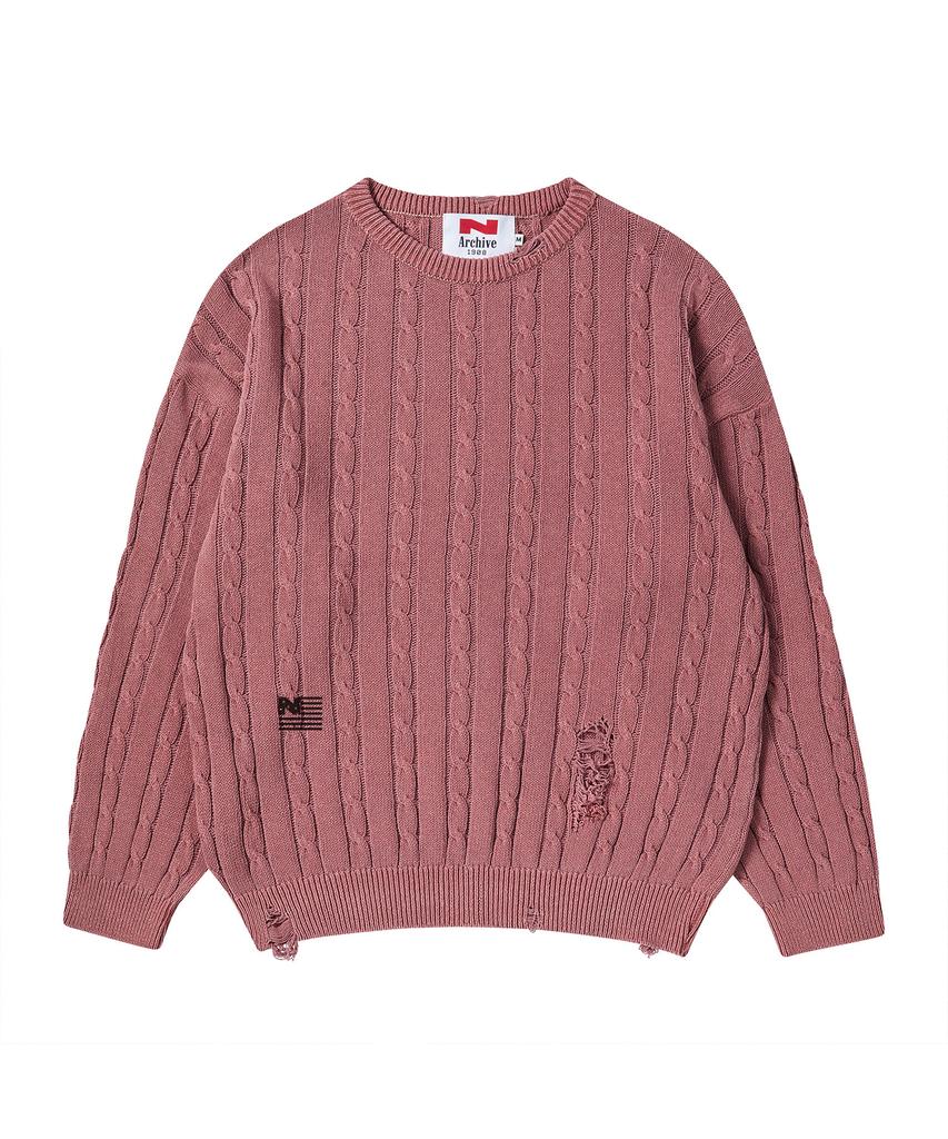 BEYOND CLOSET [Collection Line] Vintage Damaged Point Cable Knit Dull Pink