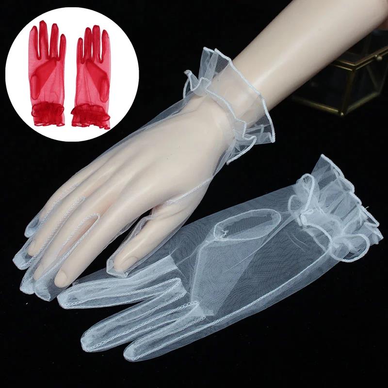 Ultra Thin Transparent Gauze Lace Full Finger Gloves Short Tulle Women Wedding Mesh Elastic Wrist Black