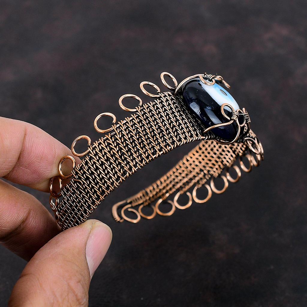 Blue Color Evil Eye Bangle Copper Wire Wrapped Cuff Bracelet Gemstone Adjustable Cuff Handmade Copper Jewelry Unique Bangle Anniversary Gift