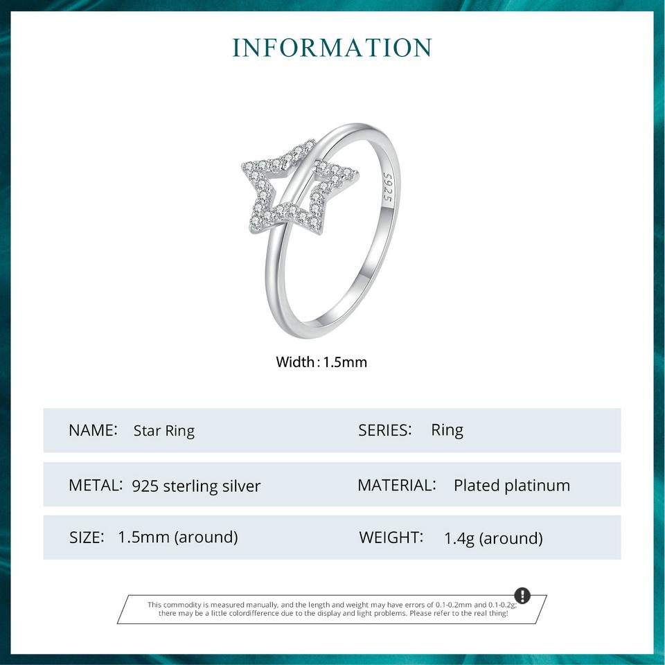 BAMOER 925 Sterling Silver Simple Star Finger Ring Cubic Zirconia for Women Eternity Band Original Design Fine Jewelry