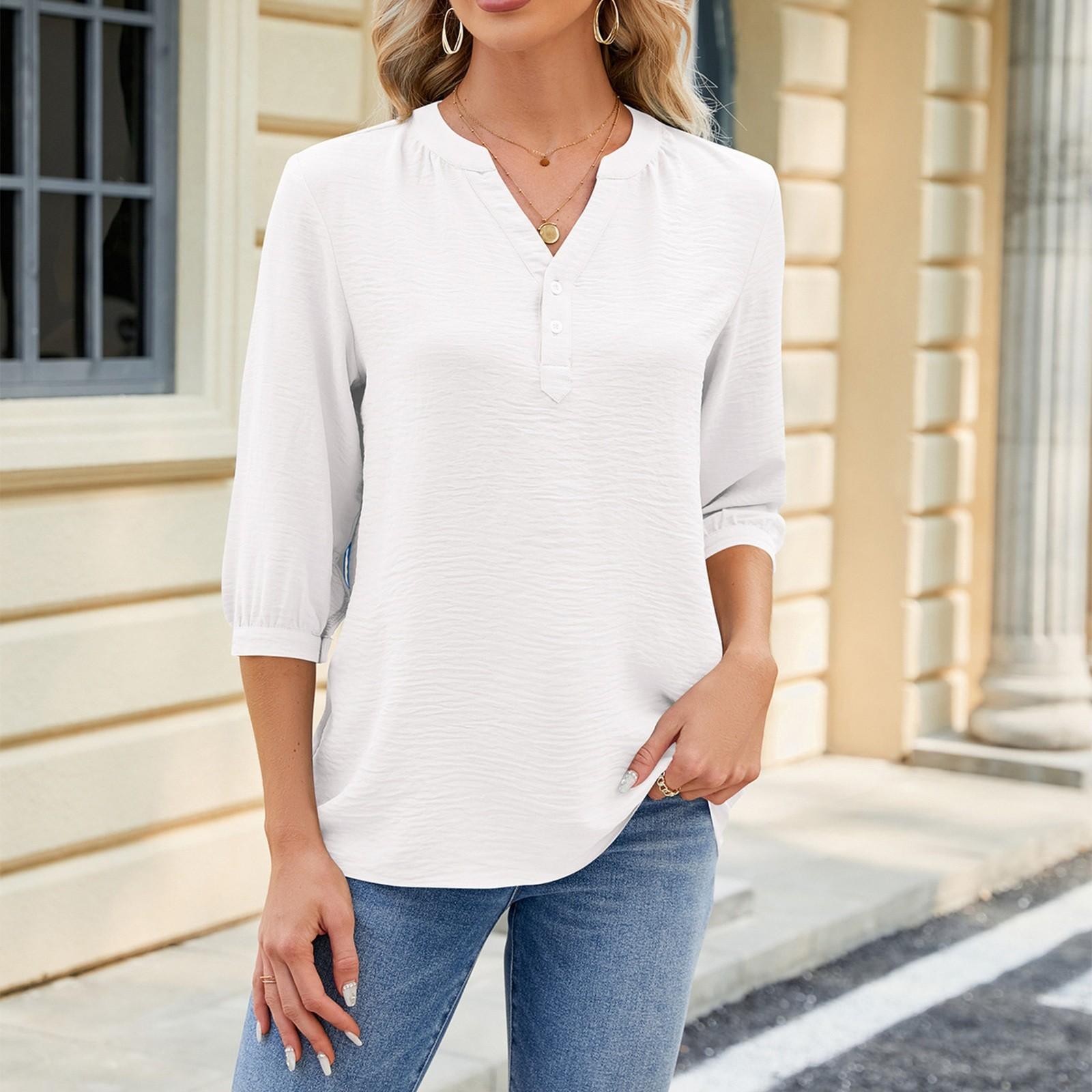 

Женский летний свободный топ с разрезом на рукавах и V-образным вырезом на пуговицах, однотонный XL белый