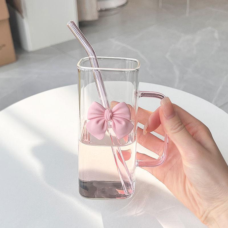 350ML Square Mug with Lids and Straws with Bow Water Cup Transparent Cup Milk Coffee Cups Glass Mug High Temperature Drinkware