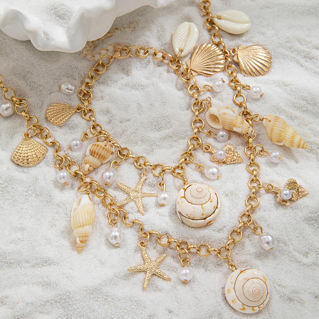Bohemian Ocean Style Shell Necklace and Bracelet Set, Starfish Pearl Vacation Style Seaside Wear Accessories
