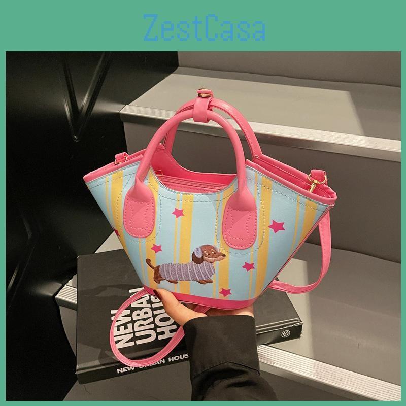 Dachshund Dog Cute Embroidered Striped Star Pattern Women Casual Bag Shoulder