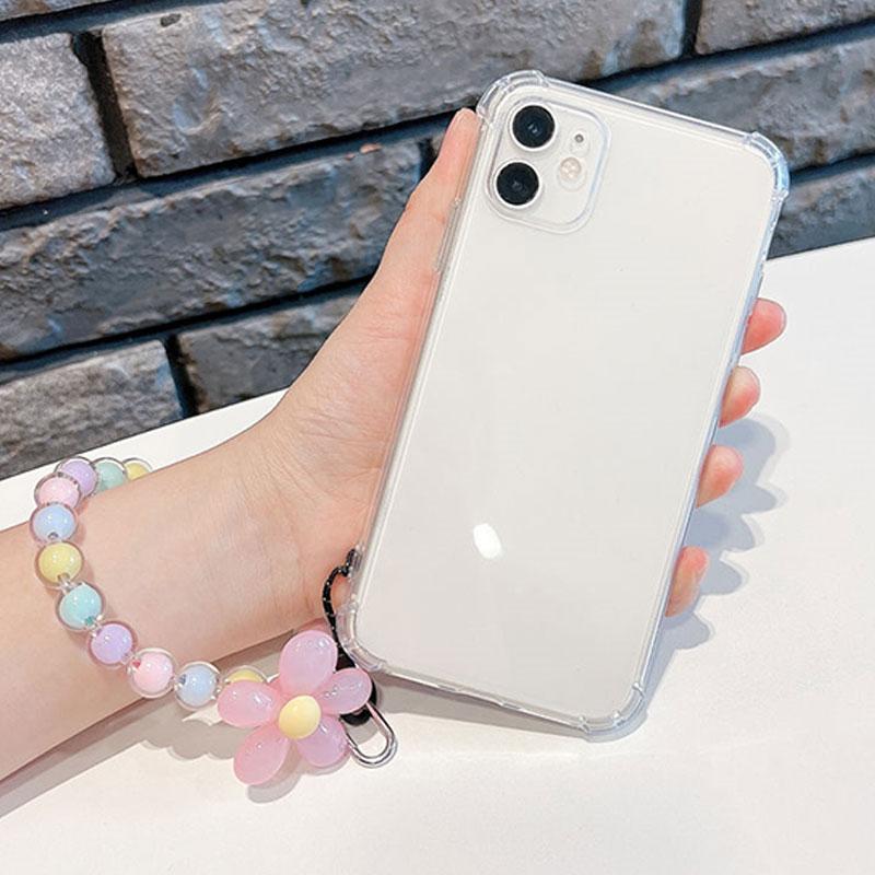 INS Candy Color Mobile Phone Lanyard Wrist Strap Women Girls Korean Beaded Flower Bracelet Anti-lost Case Bags Keys Pendant