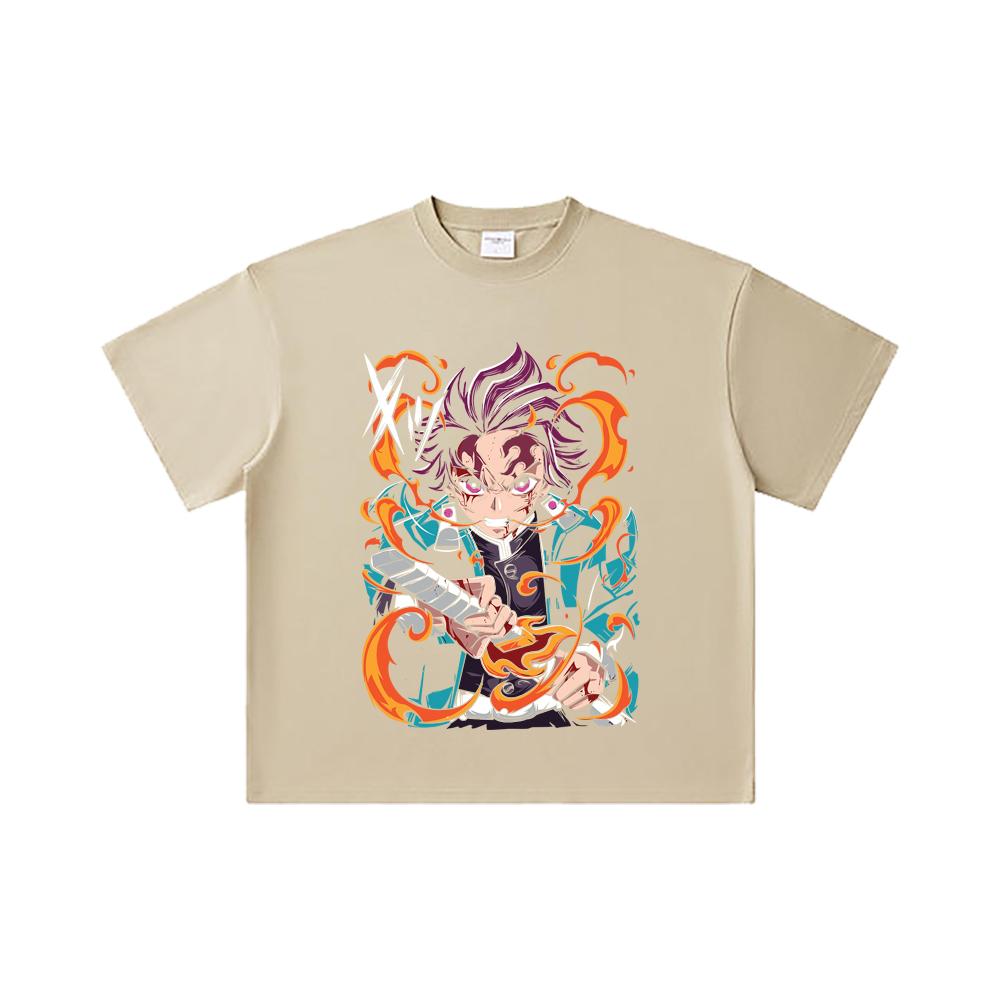 260 GSM Double Yarn 32 Count 100% Cotton Demon Slayer V64 Tanjiro Fire Breathing Print Unisex Heavy Cotton T Shirt