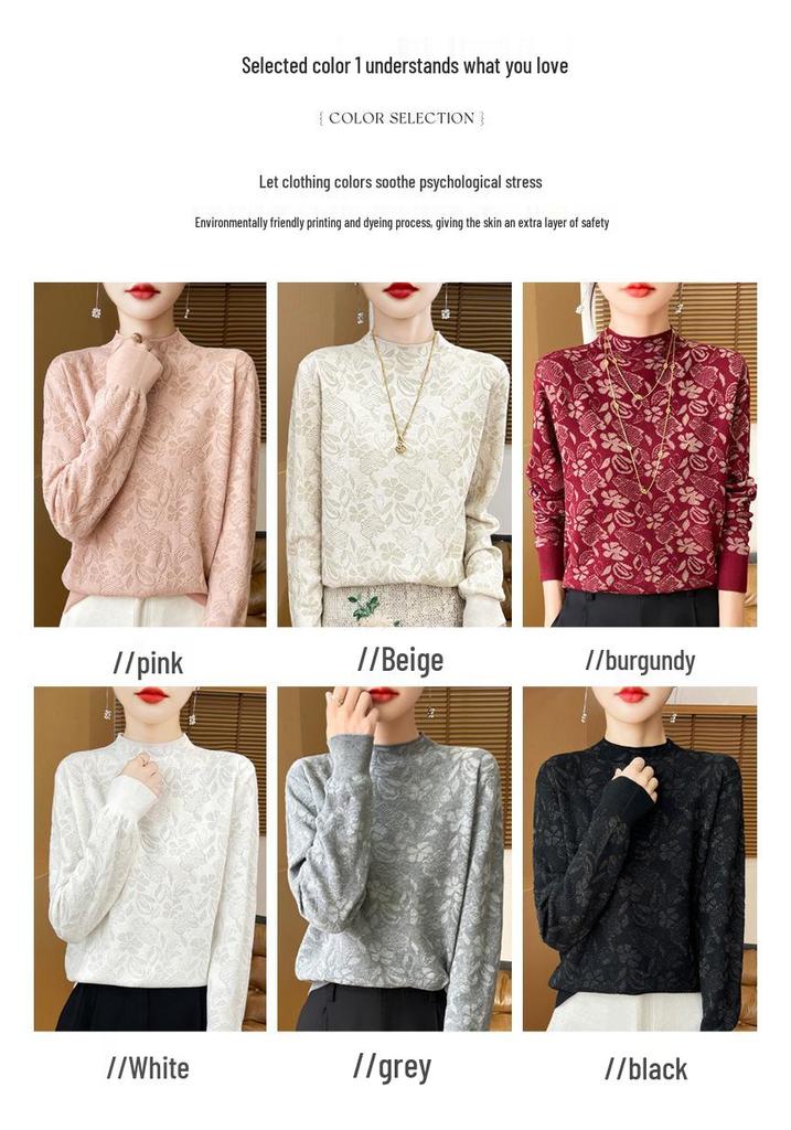 Dark Floral Half-High Collar Sweater for Women - Autumn/Winter Knitwear, Versatile Stylish Base Layer Top