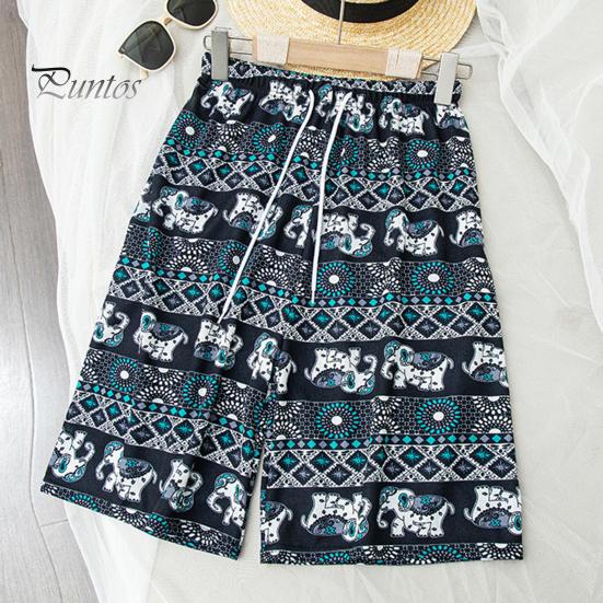 Women Summer Shorts Thiland Elephant Print Drawstring Elastic Waist Loose Soft Breathable Vacation Beach Travel Knee Length Shorts Homewear Pajamas