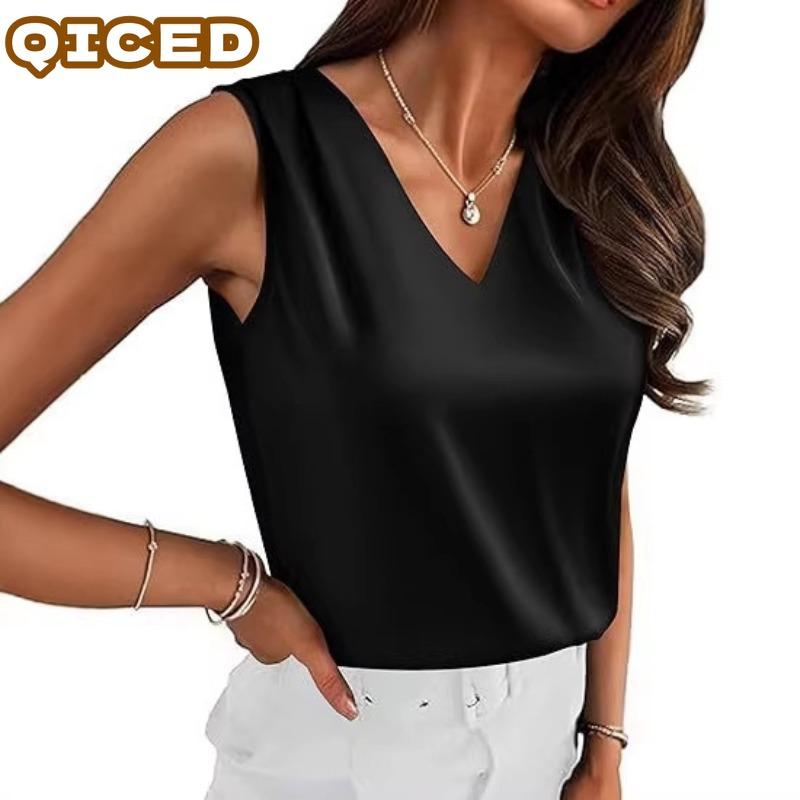QICED Women's Fashion Casual Solid Color Print Sleeveless V Neck Blouses & Shirts