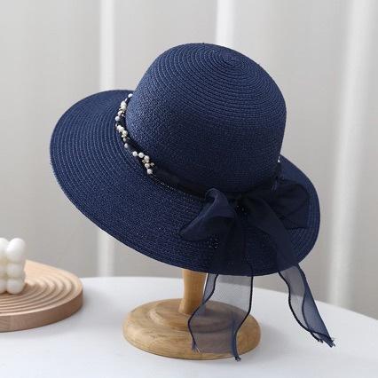 Fashion Summer Pastoral Style Straw Hat Pearl Lace Ribbonwide Brim Sun Hat Spring Summer Elegant Uv Protection Cap Female