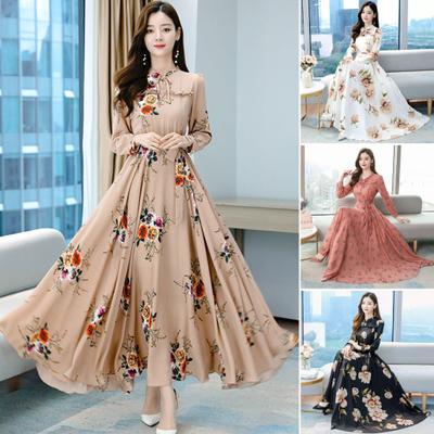 Women Maxi Dress Temperament Loose Hem Tight Waist Flower Print Lace Up