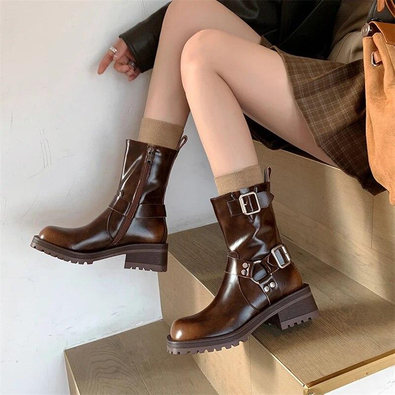 

Meotina/женские ботильоны из натуральной кожи, короткие ботинки на платформе с круглым носком, на среднем каблуке, с застежкой-молнией и пряжкой, женская модная обувь, зимняя обувь