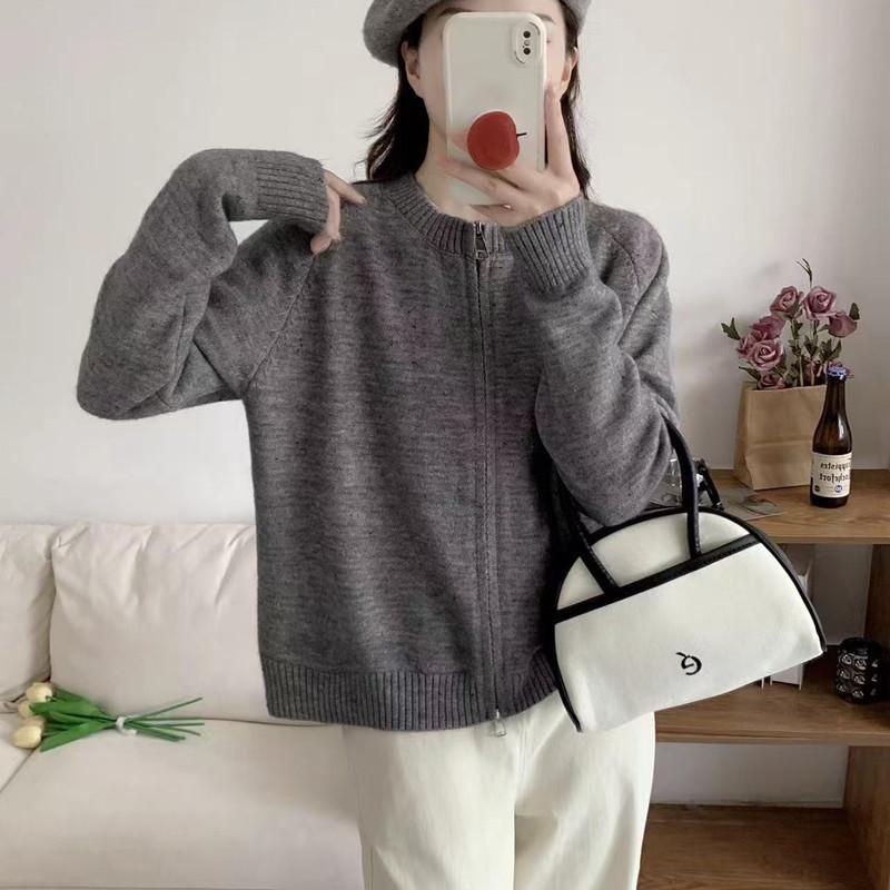 Double Zipper Autumn and Winter Knitted Cardigan Women's Lazy Soft Waxy Crew Neck Knitted Sweater New Long-sleeved Sweater Jacket Women