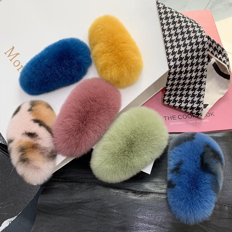 Girls Plush Hairpin Natural Rabbit Fur Women Bangs Hairpin