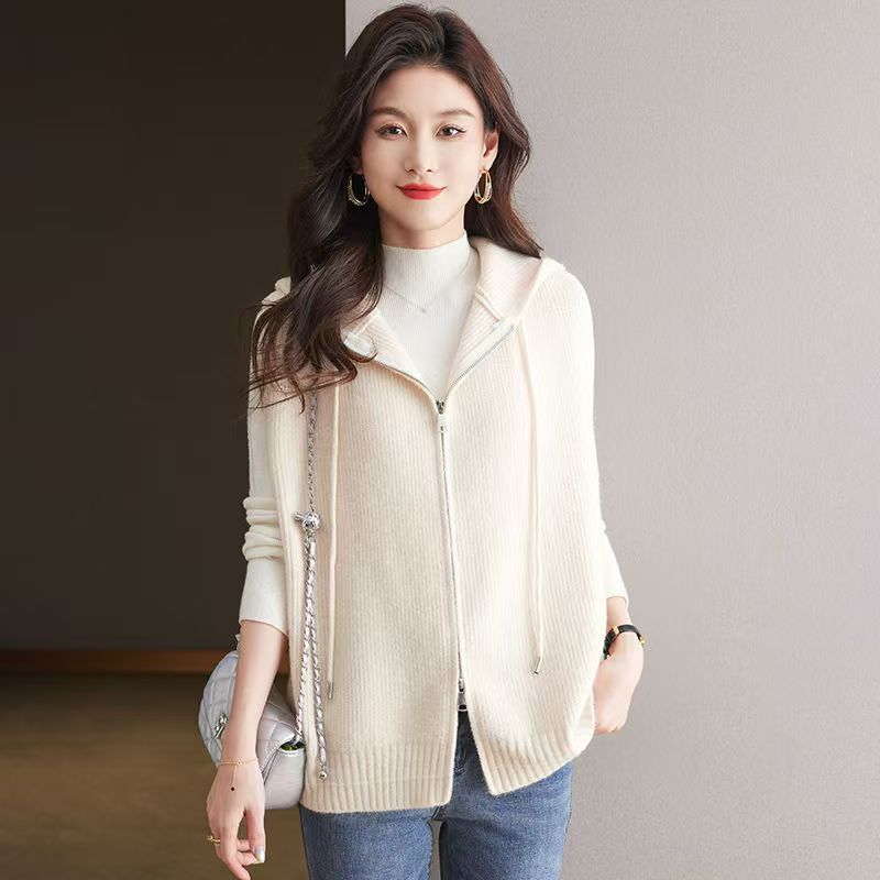 

Женский кардиган с капюшоном, жилет без рукавов, весна-осень, свободный жилет большого размера на молнии L бежевый