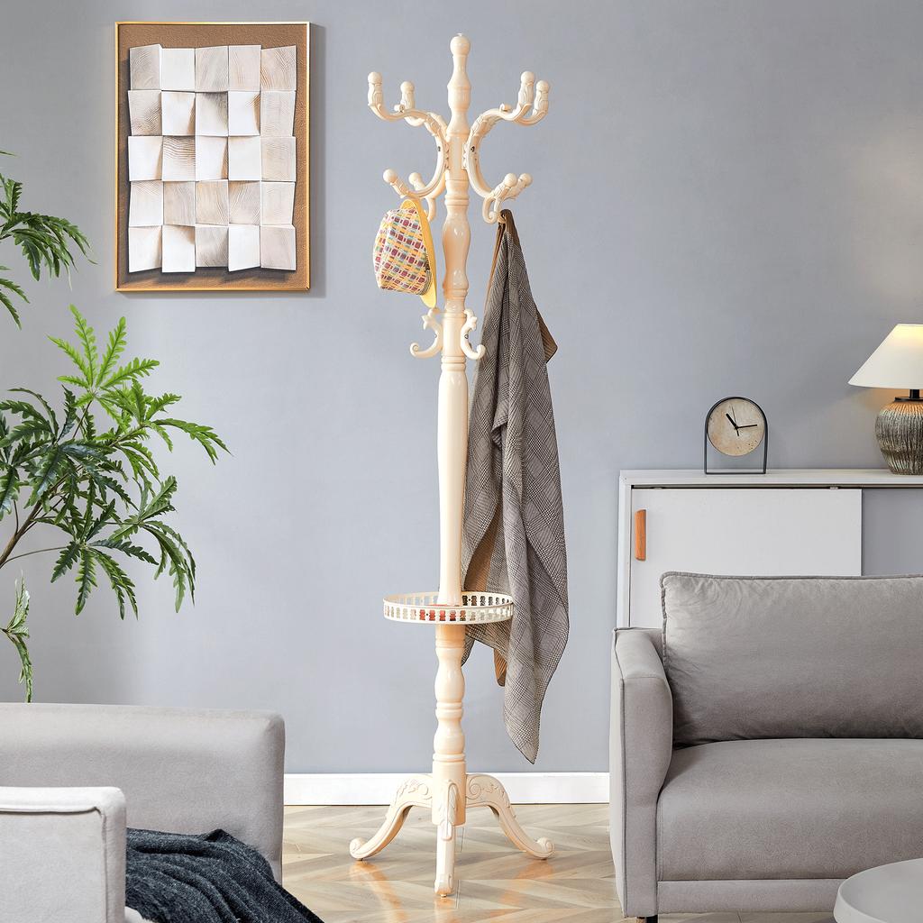Give Your Home Elegance: Versatile European Coat Rack In Cream-White Solid Wood – Multi-Level, Sturdy, Easy To Assemble and with Non-Slip Feet.