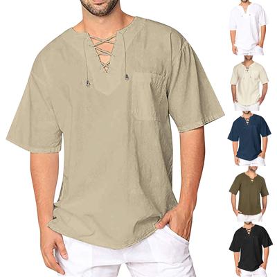 Mens Cotton Linen Shirts  Casual Beach Hippie Shirt Short Sleeve V Neck Yoga Tops