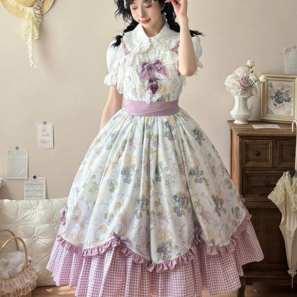 Pounds Country Style Lolita Skirt Elegant Daily Lace Print Midi Dress Shirt Set Princess Ball Gown Style