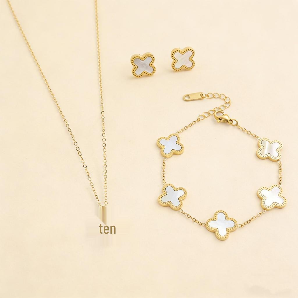 Zestaw biżuterii ze stali tytanowej w kształcie czterolistnej koniczyny z masą perłową: Naszyjnik, Bransoletka i Kolczyki - Damska Moda Prosty Luksusowy Design.