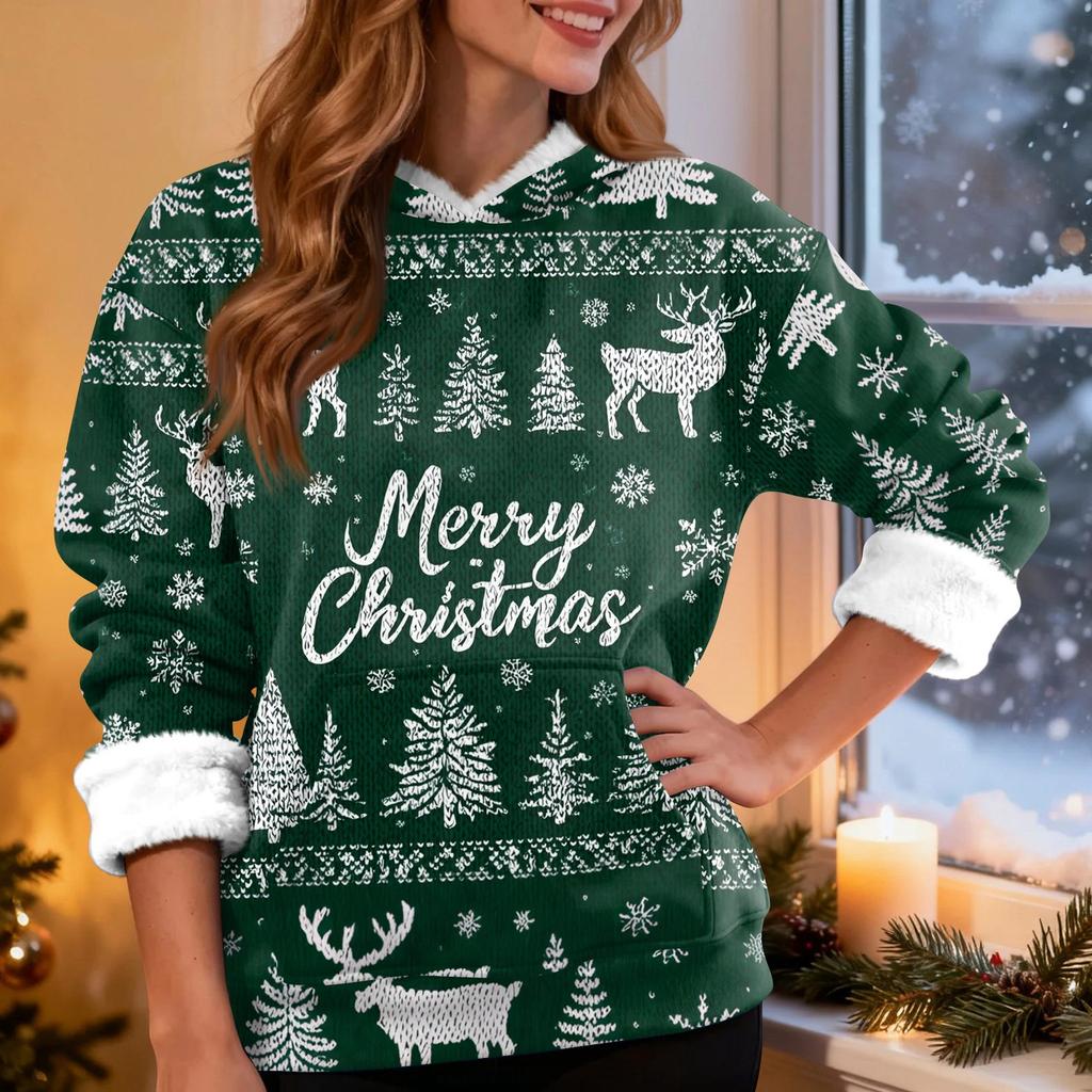Women's Fashion Casual Long Sleeve Christmas Printed Hooded Sweatshirt