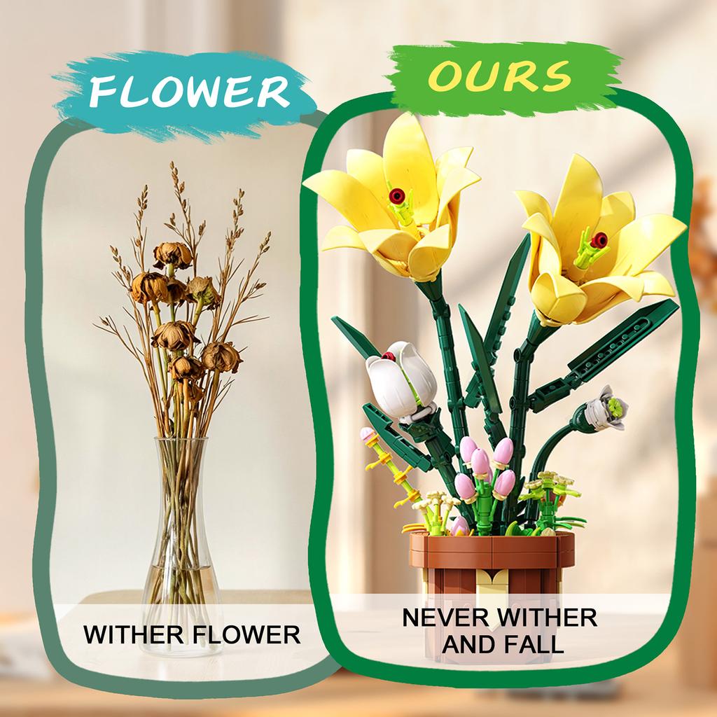Non-Toxic 296Pcs Lily Flower Potted Plant Building Block Flower Model Puzzle Toys Sets New Year Christmas Birthday Gifts