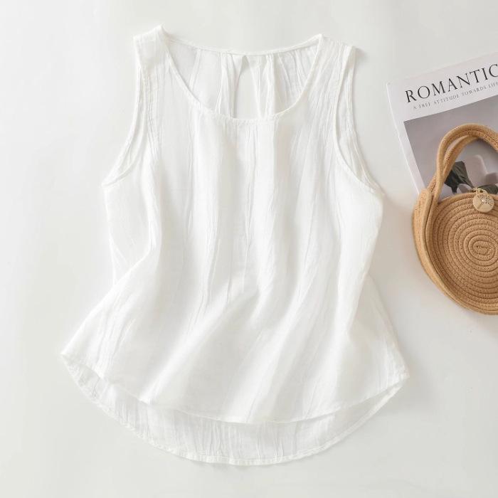Southeast Asia Sleeveless Cotton Linen Solid Vest Top 3XL белый