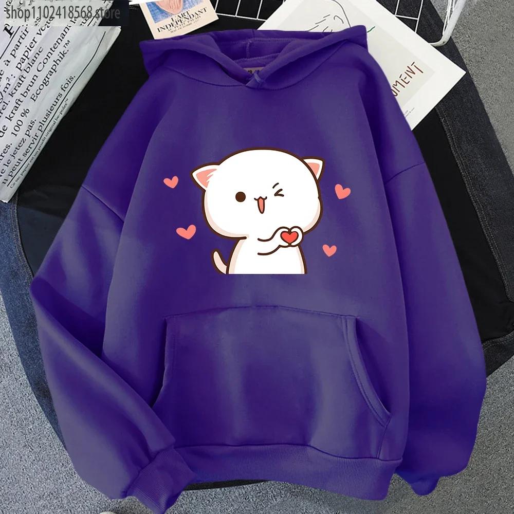 Women Hoodies Kawaii Peach Cat Cartoon Print Sweatshirt Mochi Heart Love Winter Cartoon Sudadera Clothing