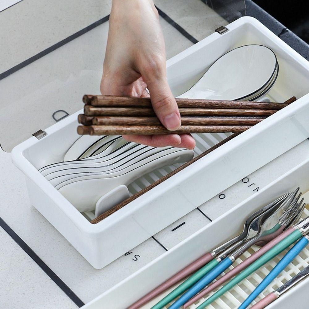 Plastic Chopstick Box With Drain Tray Cutlery Storage Box  Kitchen Organization