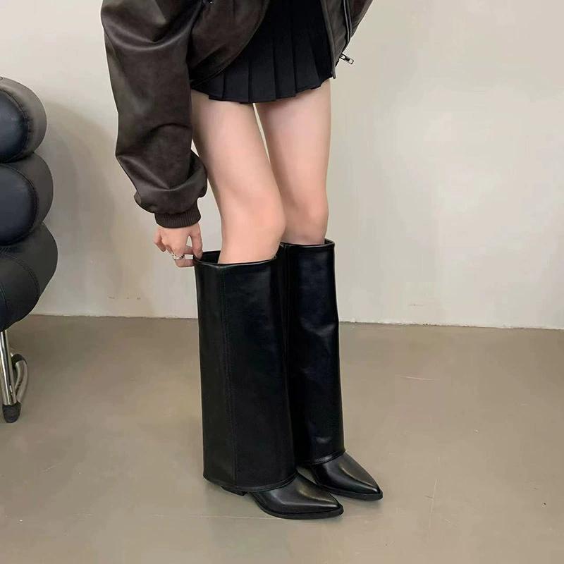 Fashion Women Chunky High Boots Pointed Toe Boots Fashion Leather Punk Chelsea Boots New Designer Pumps Knee High Woman Boot Botas Mujer